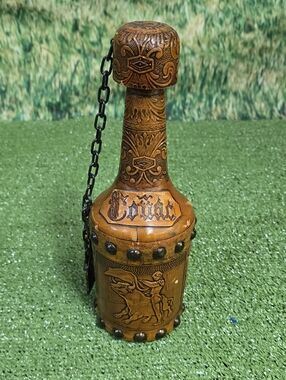 Vintage Handtooled Spanish Leather Glass Conac Decanter w Cork Plug Chain Tassel